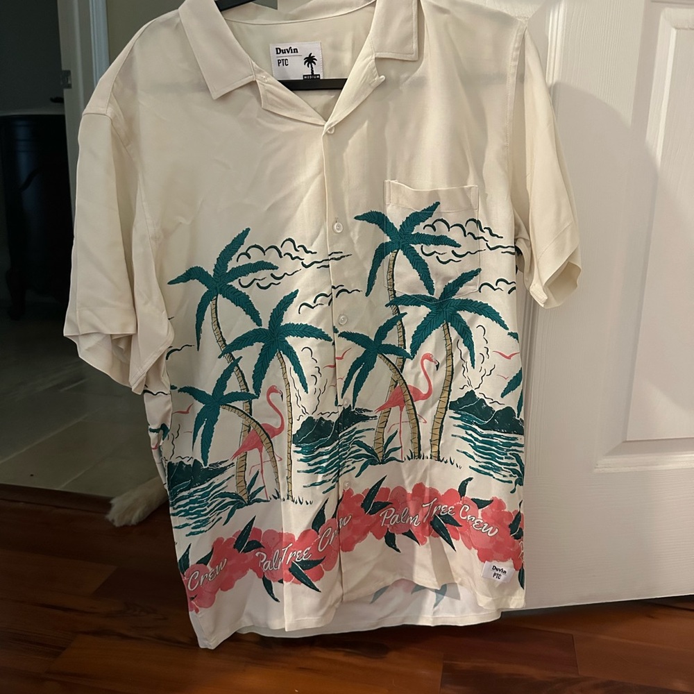 Duvin Men's Palm Tree Casual Shirt - Cream and Green